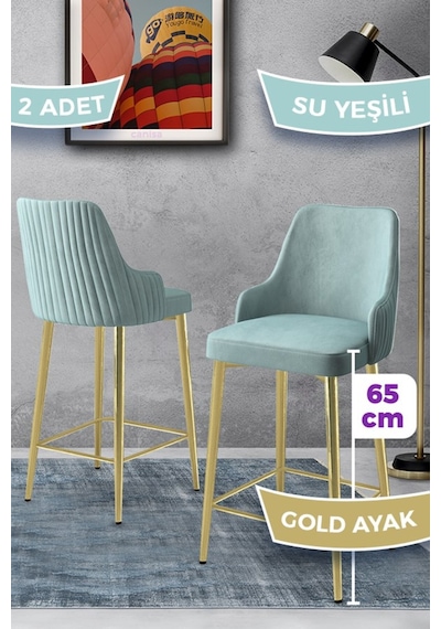 Canisa Tera Serisi 2 Adet Babyface Kumaş 65 Cm Gold Kaplama Ayaklı Su Yeşili Bar Sandalyesi Su Yeşili Sandalye Gold Kaplama Ayak
