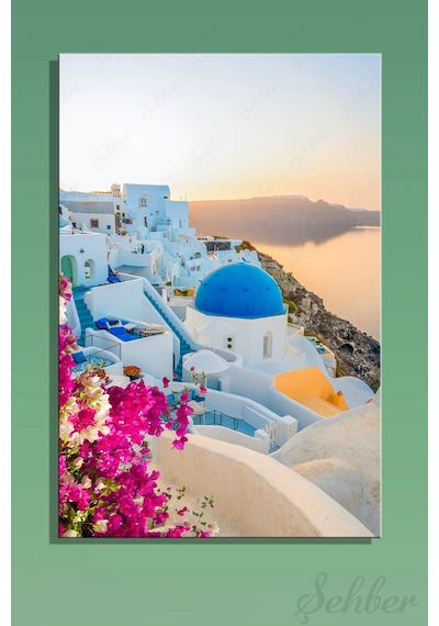 Yunanistan Santorini Adası Oia Köyünün İkonik Mavi Kubbeli Kilisesi Dikey Kanvas Tablo 4074 Çok Renkli