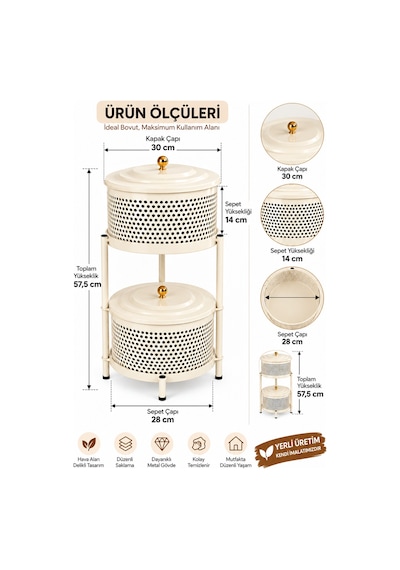 River World Tekerleksiz Rengi Krem Açılabilen 2 Katlı Çok Amaçlı Metal Raf Mutfak, Balkon, Kiler Çok Renkli