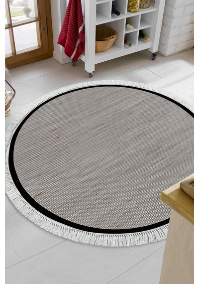 Dekoreko Kaymaz Taban Djt Banyo Mutfak Salon Halı Trend Saçaklı Yuvarlak Dokuma Desen E5001 Kahve