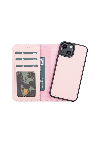 Apple Uyumlu  iPhone 13 Mini Deri Cüzdanlı Kılıf Nu2 Pembe