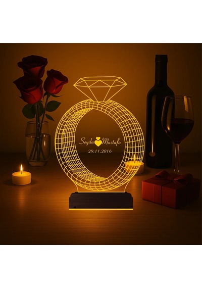 Luvivia Sevgiliye Hediye Tek Taş Yüzük Kişiye Özel 3d Lamba - Masa Gece Lambası