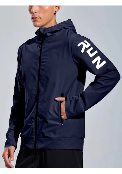 Ghassy Co.erkek Sportif Run Baskılı Rüzgar Ve Su Geçirmez File Astar Yürüyüş Spor Fitness Yağmurluk Lacivert