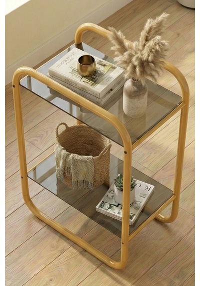 Odessa Yan Sehpa - Gold Metal Modern Yan Sehpa Füme Camlı Şık Salon Sehpası Gold