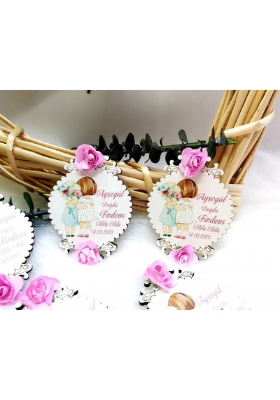 Çiçekli Abla Kardeş Ahşap Bebek Şekeri Magnet 30 Adet