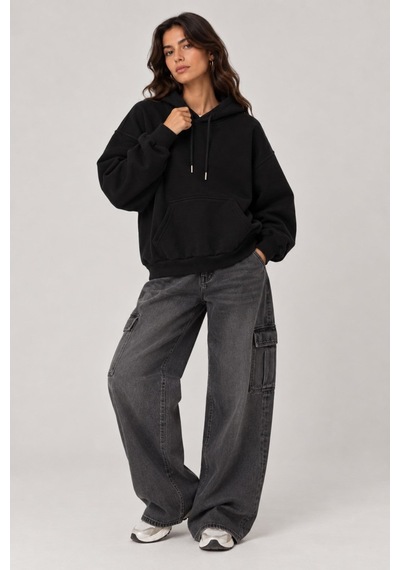 Vadon 1047 Kadın Kapüşonlu Kanguru Cepli 3 İplik Pamuklu Sweatshirt Siyah