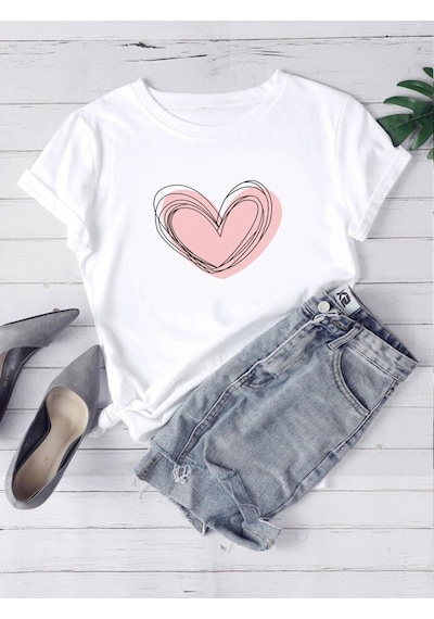 Uyguntarz Unisex Kalp Baskılı Tasarım Tshirt Beyaz