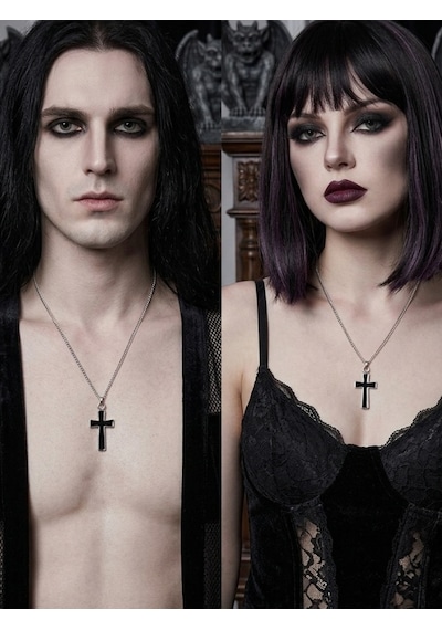 Unisex Gotik Haç Kolye Kırmızı Gri Gümüş Vintage Cross Kolye, Retro Zincir Kolye, Kadın Erkek Punk Gothic Siyah