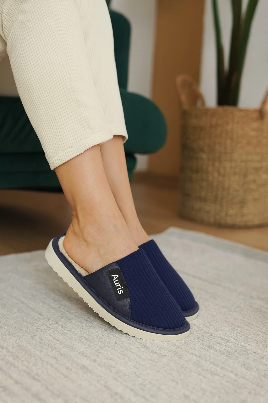 Ar-060 Unisex Kadife Kumaş İçi Kürklü Kışlık Ev Terliği Lacivert