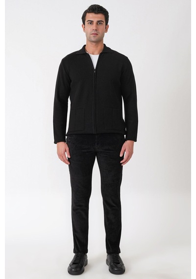 Comfort Fit Fermuarlı Torba Cepli Yünlü Siyah Hırka Tr 896