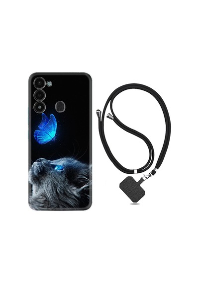 Tecno Spark 8c Kılıf Ipli Boyun Askılı Desenli Silikon Butterfly Cat 1891