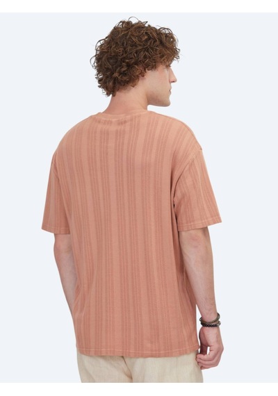 Kip Koyu Somon Çizgili %100 Pamuk T-shirt