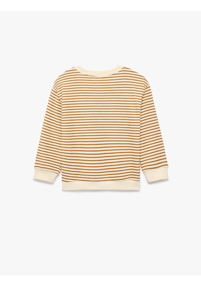 Koton Pamuklu Uzun Kollu Bisiklet Yaka Çizgili Oversize Sweatshirt Ekru Çizgili 7wmb10091tk