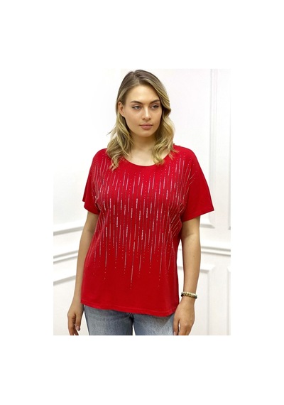 Rich Glam Bol Kesim Bisiklet Yaka Büyük Beden Crystal Taşlı Kadın T-shirt Kırmızı