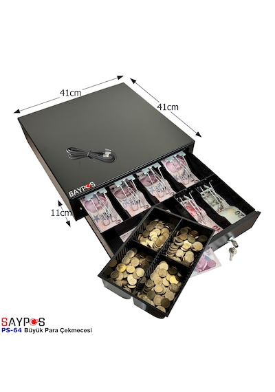 6 Kağıt Para Gözlü Ingenico Yazarkasa Pos Uyumlu Anahtardan Açılır Büyük Para Çekmecesi 41x41x11cm