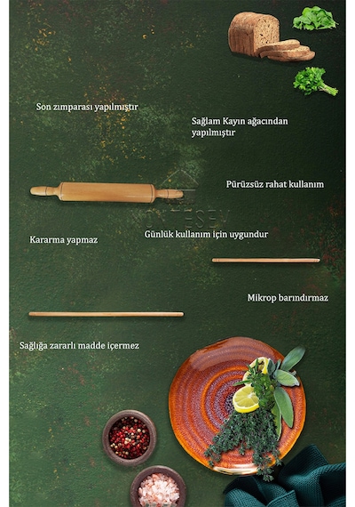 Zümrüt Serisi Ahşap Hamur Açma Oklavası Merdanesi 3 Lü Set Znt2
