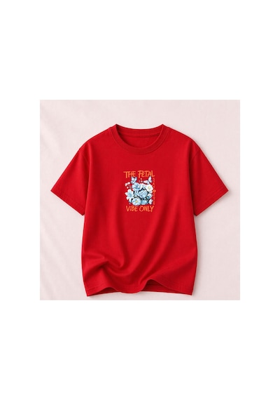 Herkesemoda The Petal Baskı Detaylı Bisiklet Yaka Pamuklu Basic T-shirt Kırmızı