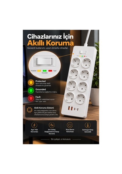 Robeve Fulltech 3680w 8 Li Akım Korumalı Uzatma Prizi - 2 Usb-a 2 Type-c, 2 Metre Kablo, Akıllı Koruma Sistemli Çoklu Priz Çoğaltıcı Grup Priz 8'li Priz 8'li Fiş Grup Fiş 2 M