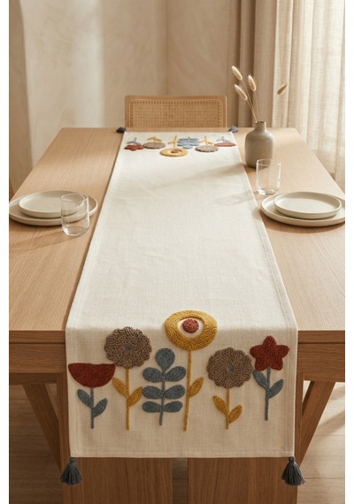 Botanik Rüya Renkli Punch Nakışlı Püsküllü Pamuk Runner 40x130 Cm Gri
