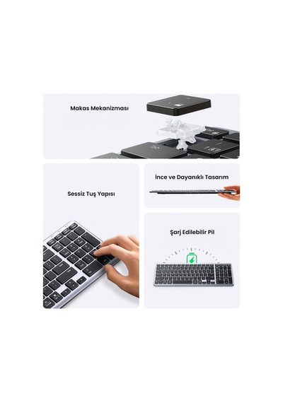 Ugreen Kablosuz Ultra İnce Sessiz Bluetooth İngilizce Q Klavye, Siyah, 15258