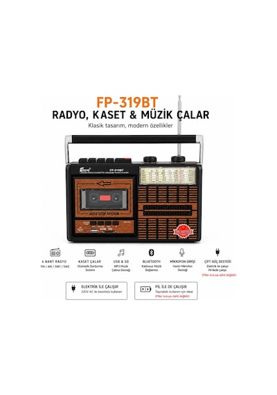 Fepe Fp-319bt Elektrikli Nostaljik Kaset Çalar Radyo - Bluetooth, Usb, Sd Müzik Çalar