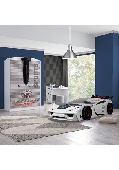 Setaymobilya Sports Çocuk Odası - Vento Arabalı Yatak, Dolap, Masa - Beyaz