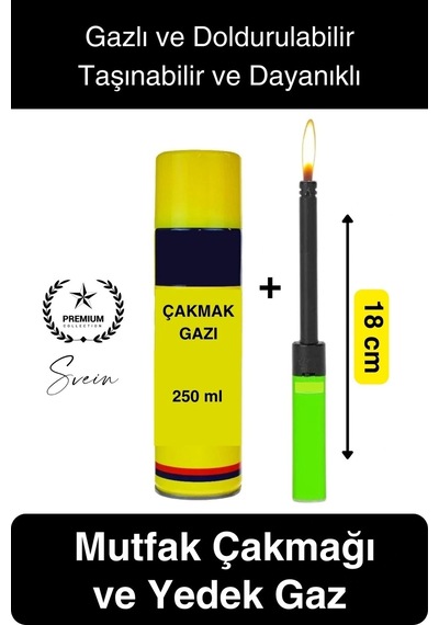 Premium 18 Cm Basmalı Uzun Mutfak Çakmağı Ve Yedek Gazlı 250 Ml Mum Mangal Kamp İçin Normal Alev