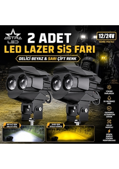 2 Adet Motosiklet Atv Utv Led Lazer Sis Farı Delici Beyaz Sarı Çift Renk 12 -24 Volt