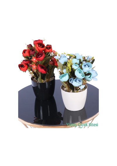 Yapay Çiçek Sitesi Plastik Saksıda Yapay Ranunkulus Tanzimi 2'li Set 30 Cm Kırmızı - Turkuaz