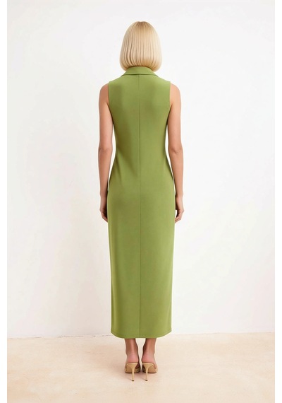 Benerly Kadın Gömlek Yaka Kolsuz Maxi Elbise Düğmeli Bodycon Kesim Esnek Yeşil