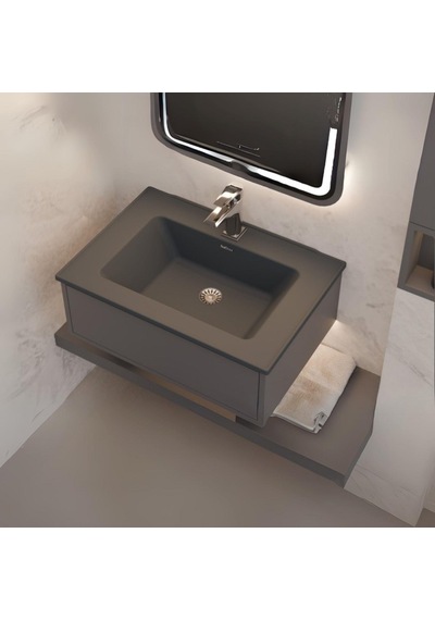 Real Stone Zenıth 65 Etajerli Siyah Granit Banyo Lavabosu 65x45 Siyah
