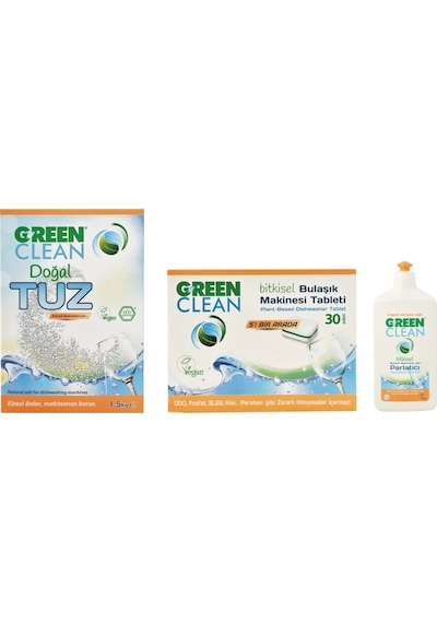 U Green Clean Bitkisel Bulaşık Makinesi Deterjanı 30 Tablet + Parlatıcı 500 ML + Tuz 1500 G
