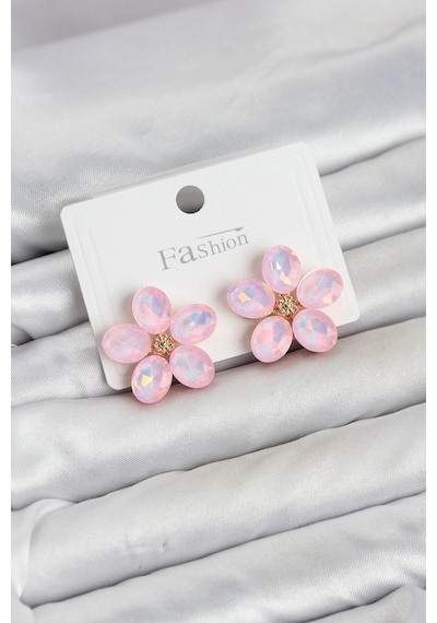 Mey İthalat Pembe Renk Kristal Taşlı Çiçek Model Kadın Küpe Altın 72334003