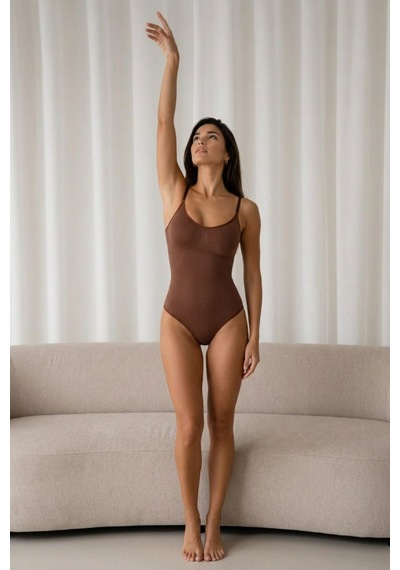 Fit Women Kadın Kapsız Cırt Cırtlı Düz Desen Kahverengi Body