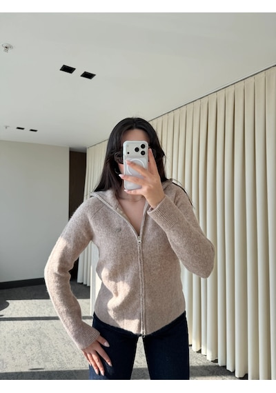 Laluvia Bej Balıkçı Yaka Çift Fermuarlı Hırka - 251108 Bej