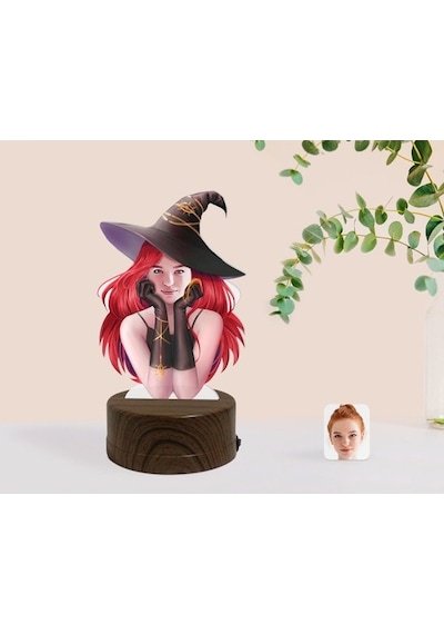 Kişiye Özel Kadın Cadı Karikatürlü Dekoratif 3D Biblo Led Işıklı