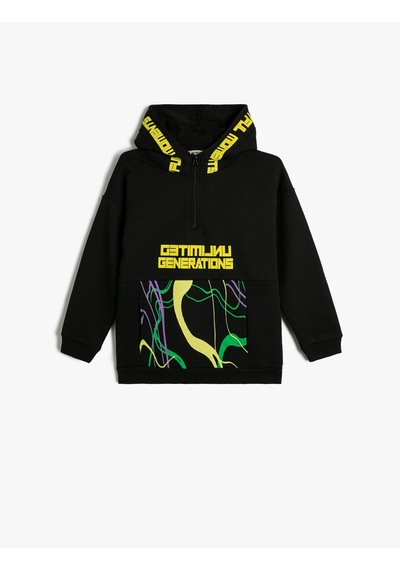 Koton Oversize Kapşonlu Sweatshirt Uzun Kollu Oyun Temalı Şardonlu Siyah 4wkb10008tk