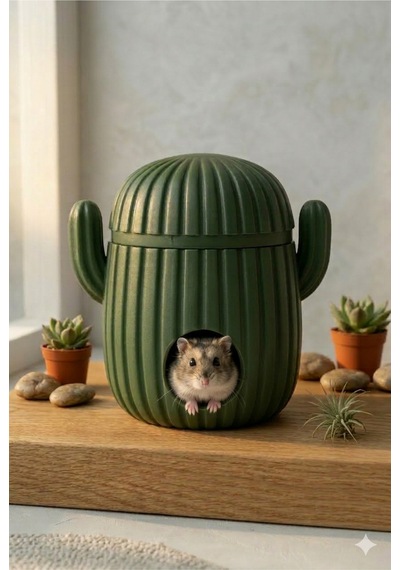 Hamster Evi - Kaktüs Tasarımlı Konforlu Kemirgen Yuvası Dekoratif Kafes İçi Küçük Hayvan Evi