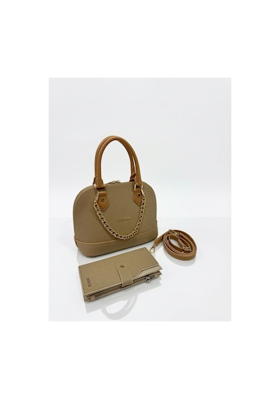 Just Polo Kadın Zincir Detaylı Lüks El & Omuz Çantası Ve Cüzdanı Kombin Shopper Ebat : 25x22 Cm Krem - Camel 93833165