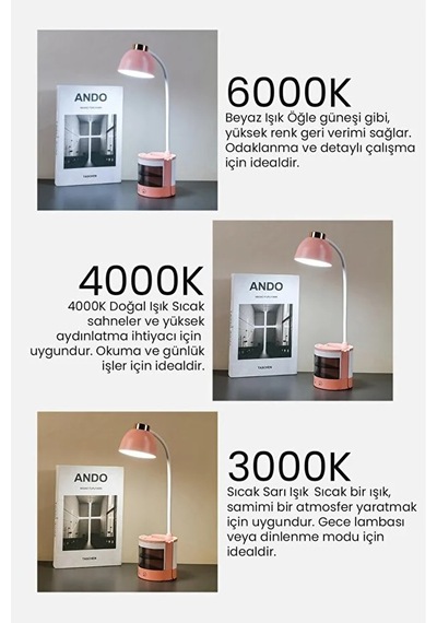 Göz Korumalı Led Masa Lambası Mavi Işık Filtreli, 4 Işık Modlu, Telefon Tutuculu, 360 Esnek Gövde Pembe