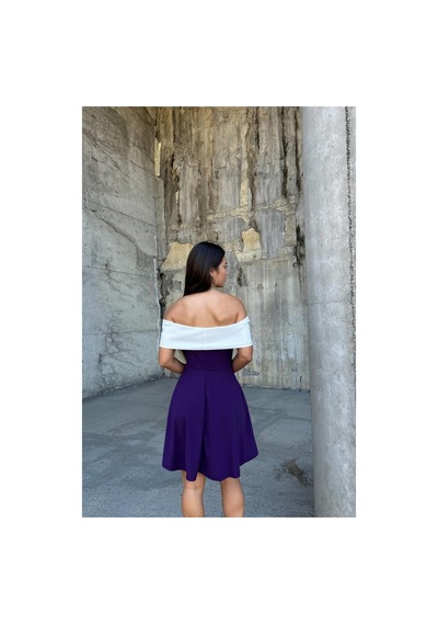 DefyModa Kadın Esnek Krep Kumaş Degaje Yaka Mini Abiye Elbise Mor
