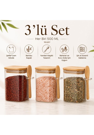 3'lü 500 Ml Kaşıklı Cam Kavanoz Seti, Bambu Kapaklı Şeffaf Baharatlık Ve Saklama Kabı, Kahve Çay Şeker Tuz Ve Kuru Gıda İçin Çok Renkli