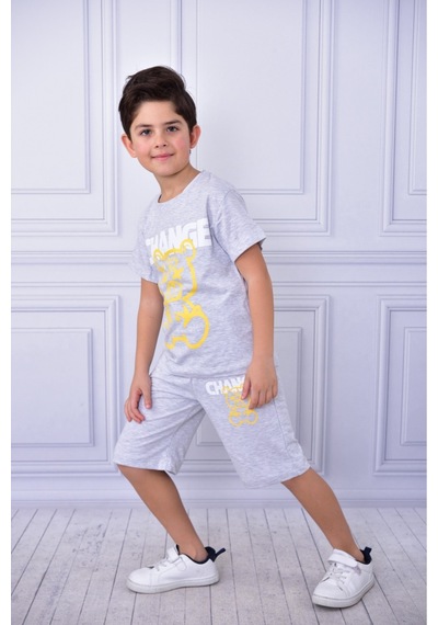 Veramoni Unisex Change Baskılı Çocuk Kısa Kol Yazlık Beli Lastikli Cepli Şort Alt Üst Takım Gri