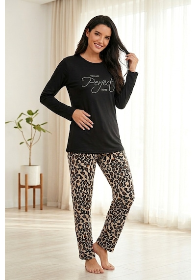 Aura Collections Kadın Desenli Bambu Viskon Uzun Kollu Soft Örme Mevsimlik Pijama Takımı Siyah