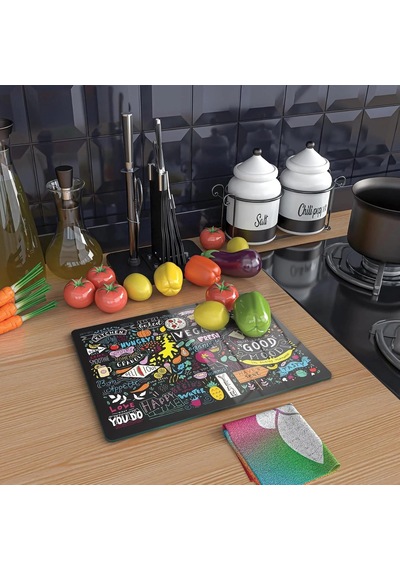 Cam Kesme Tahtası Ve Sunumluk Karışık Yazı Desenli 30x40 Cm Çok Renkli