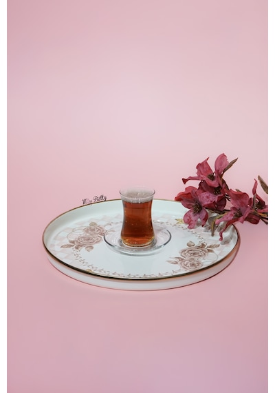 Rosadora Emaye Çay Tepsisi Dekoratif Vintage Servis Tepsisi Pembe