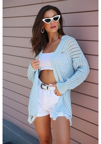 Aqe Fashion Motif Detaylı Eteği Püsküllü Hırka Bebe Mavisi Bebe Mavi
