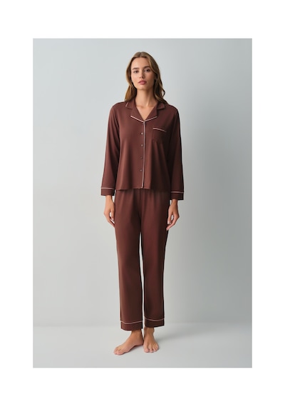 Suwen Misty Gömlek Yaka Pijama Takımı Wsh10510059070 Kahverengi