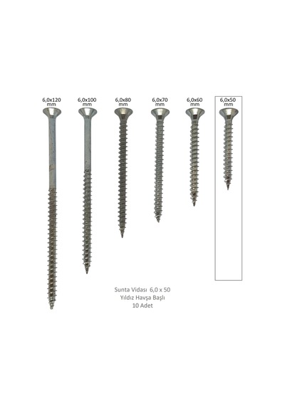 Sunta Vidası, 6,0 X 50 Mm, 10 Adet, Yhb Vida 6 x 50