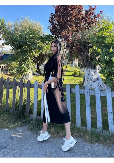 WeShaya Siyah Polyester Keten Çizgili Yandan Takım Siyah